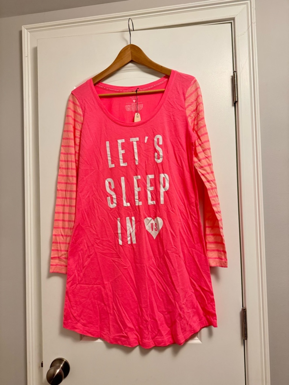 Victoria's Secret Bright Pink Long Sleeve Nightshirt with Striped Sleeves